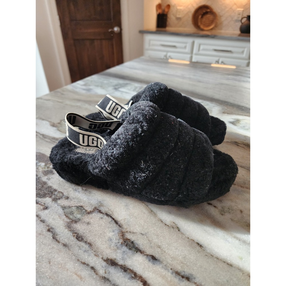 UGG Fluff Yeah Black Faux Fur Slingback Platform Slide Sandals Womens 8